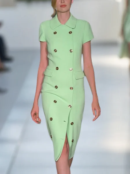 

Urban Plain Buttoned Shawl Collar Midi Dress, Green, Midi Dresses