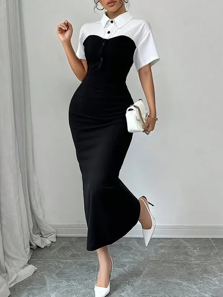 

Elegant Color Block Split Joint Shirt Collar Maxi Dress, Black, Maxi Dresses