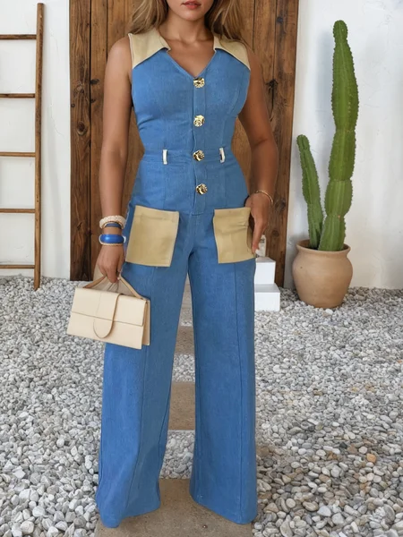 

Denim Urban Split Joint Plain Shawl Collar Jumpsuit, Blue, Jumpsuits