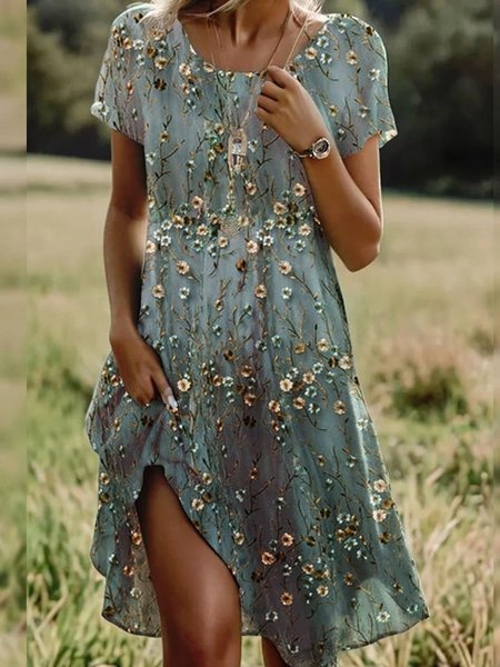 

Women Floral Crew Neck Short Sleeve Comfy Vintage Midi Dress, Green, Dresses