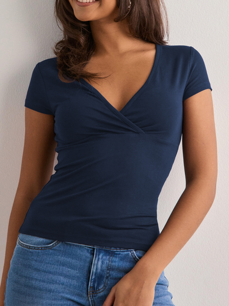 

Women Plain Short Sleeve Tee T-shirt V Neck Ruched Casual Summer Top, Navyblue, T-Shirts