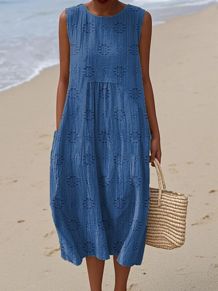 

Women Floral Sleeveless Summer Printing Dress Crew Neck Daily Casual Maxi Tank H-Line Dress, Blue, Casual Dresses