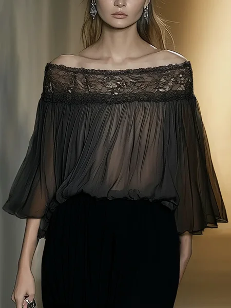 

Elegant Plain Split Joint Cold Shoulder Blouse, Black, Blouses and Shirts