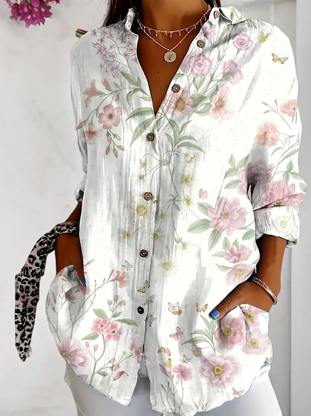 

Women Floral Long Sleeve Shirt Spring/Fall Buckle Shirt Collar Daily Casual Top, White, Shirts