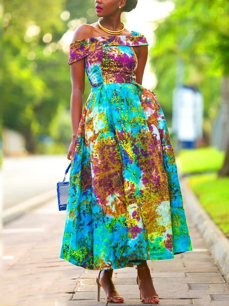 

Elegant Random Print Printing Off The Shoulder Midi Dress, As picture, Midi Dresses