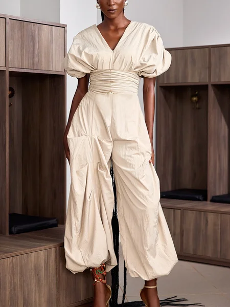 

Casual Raglan Sleeves Plain V Neck Jumpsuit With Belt, Camel, Jumpsuits