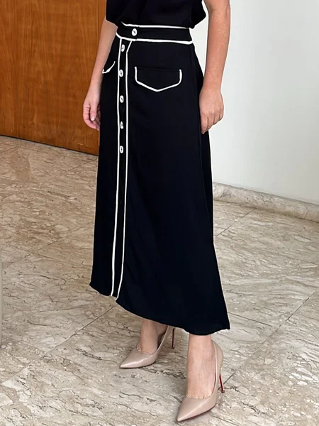 

Casual Color Block Maxi Skirt, Black, Skirts