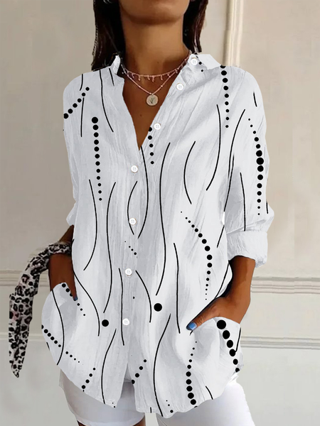 

Women Polka Dots Long Sleeve Shirt Spring/Fall Buckle Shirt Collar Daily Casual Top, White, Shirts