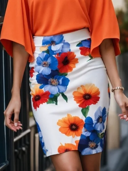 

Urban Printing Floral Knee Length Skirt, As picture, Skirts