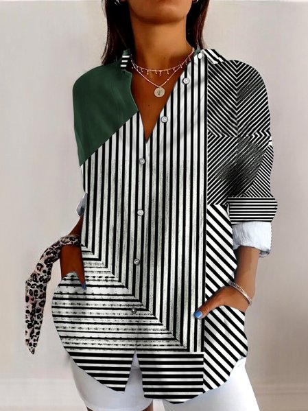 

V Neck Long Sleeve Geometric Regular Micro-Elasticity Regular Fit Shirt For Women, White, Shirts