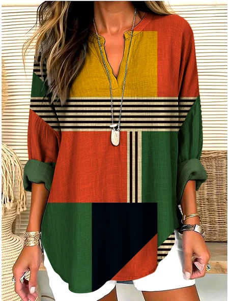 

V Neck Long Sleeve Geometric Regular Micro-Elasticity Regular Fit Shirt For Women, Red, Shirts