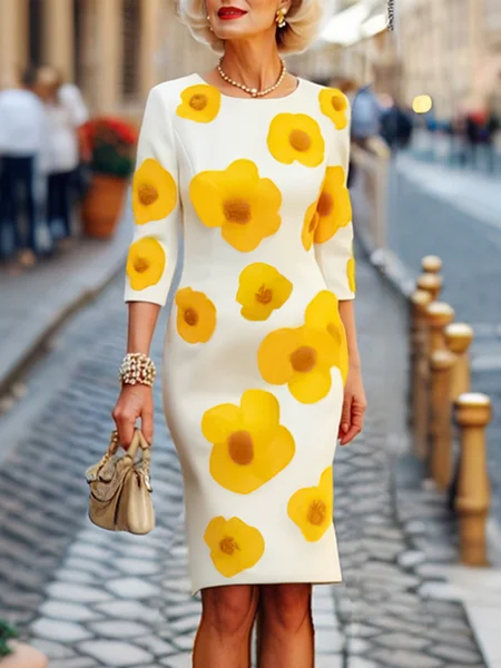 

Elegant Floral Printing Crew Neck Knee Length Dress, Yellow, Midi Dresses