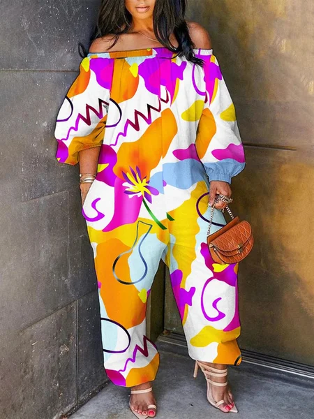 

Vacation Printing Random Print Off The Shoulder Jumpsuit, As picture, Jumpsuits