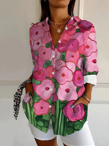 

Women Floral Long Sleeve Shirt Spring/Fall Buckle Shirt Collar Daily Casual Top, Pink, Shirts