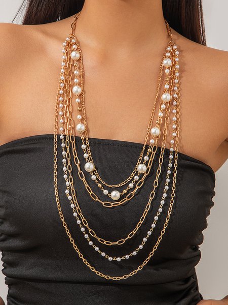 

Pearl Beaded Long Necklace Set, Golden, Necklaces