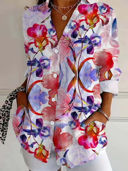 

Women Floral Long Sleeve Shirt Spring/Fall Buckle Shirt Collar Daily Casual Top, As picture, Shirts