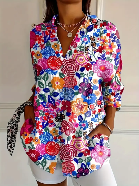 

Women Floral Long Sleeve Shirt Spring/Fall Buckle Shirt Collar Daily Casual Top, Multicolor, Shirts