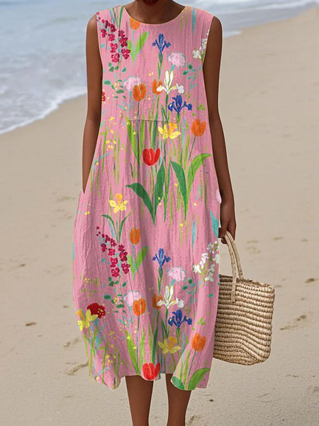 

Women Floral Sleeveless Summer Printing Dress Crew Neck Daily Casual Maxi Tank H-Line Dress, Pink, Casual Dresses