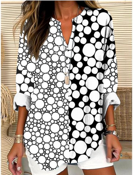 

V Neck Long Sleeve Geometric Regular Micro-Elasticity Regular Fit Shirt For Women, White, Shirts