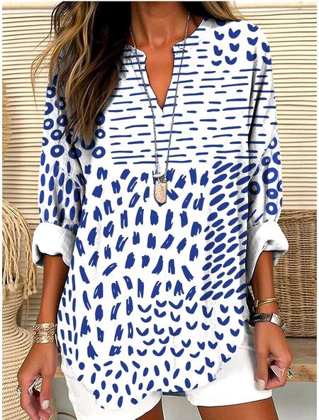 

V Neck Long Sleeve Geometric Regular Micro-Elasticity Regular Fit Shirt For Women, White, Shirts