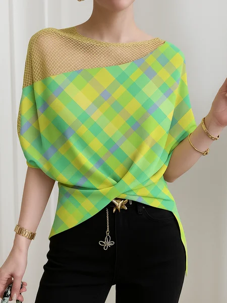 

Casual Plaid Split Joint Crew Neck Blouse, Green, Blouses and Shirts