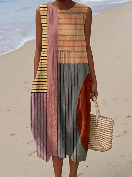 

Women Striped Sleeveless Summer Printing Dress Crew Neck Daily Casual Maxi Tank H-Line Dress, As picture, Casual Dresses