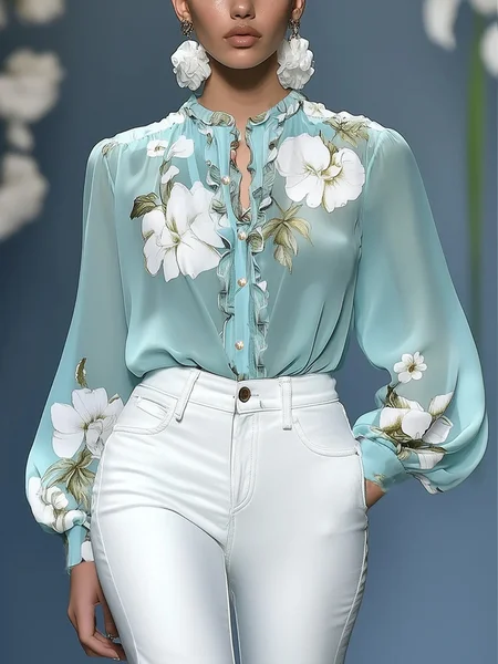 

Elegant Floral Printing Stand Collar Balloon Sleeve Shirt, As picture, Blouses and Shirts