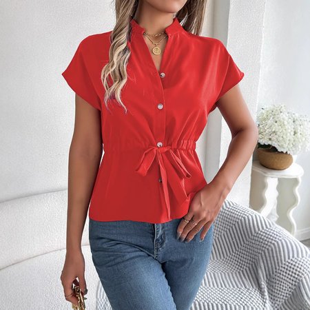 

Women Plain Short Sleeve Shirt Summer Lace-up V Neck Daily Casual Top, Red, Blouses