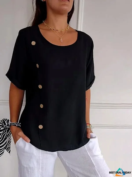 

Crew Neck Half Sleeve Plain Regular Loose Blouse For Women, Black, Blouses