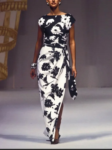 

Elegant Floral Raglan Sleeve Side-Slit Boat Neck Maxi Party Dress, Black-white, Maxi Dresses