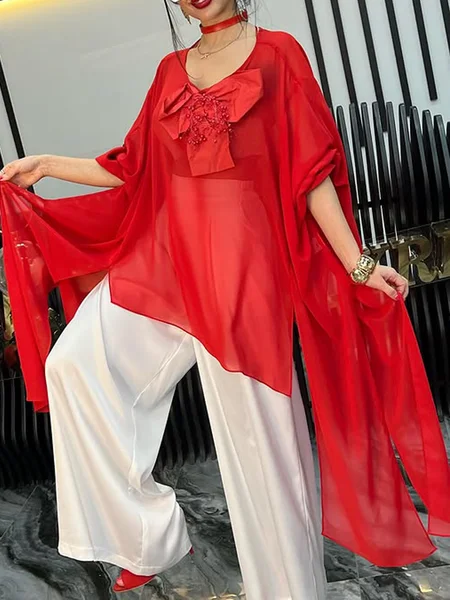 

Casual Plain 3D Floral Crew Neck Blouse, Red, Blouses and Shirts
