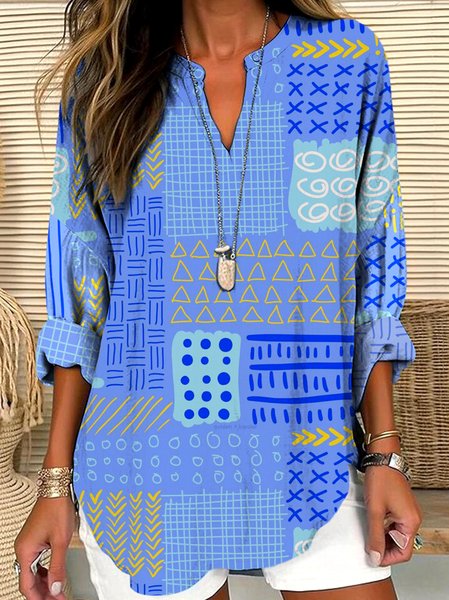 

V Neck Long Sleeve Geometric Regular Micro-Elasticity Regular Fit Shirt For Women, Blue, Shirts