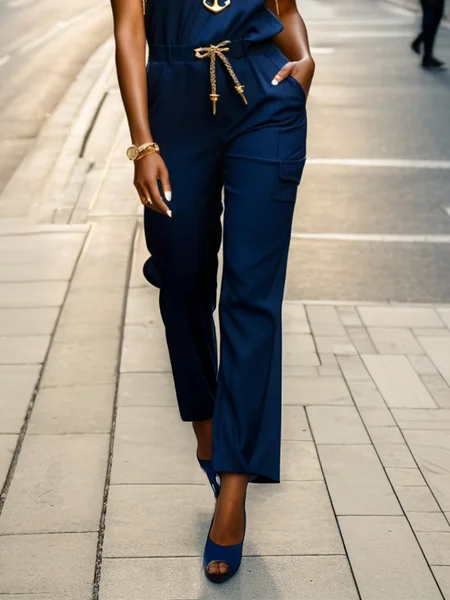 

Urban Plain Drawstring Straight Pants, Blue, Pants