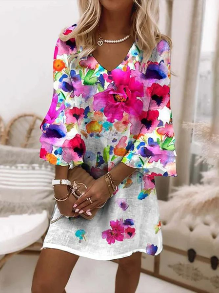 

Women Floral Half Sleeve Summer Printing Dress V Neck Daily Casual Maxi H-Line Dress, White, Casual Dresses