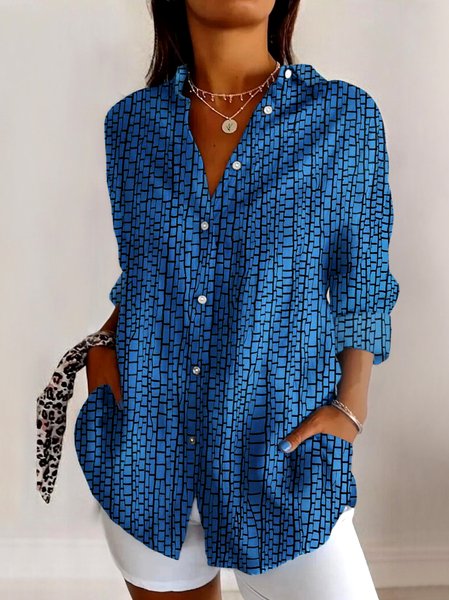 

V Neck Long Sleeve Geometric Regular Micro-Elasticity Regular Fit Shirt For Women, Blue, Shirts