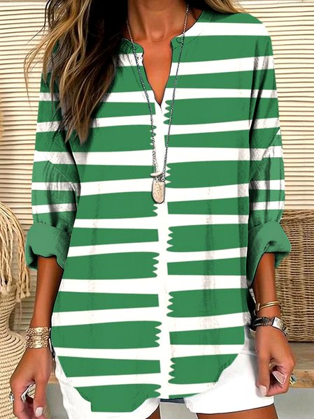 

V Neck Long Sleeve Geometric Regular Micro-Elasticity Regular Fit Shirt For Women, Green, Shirts