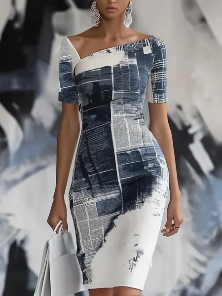 

Urban Random Print Printing Asymmetrical Knee Length Dress, As picture, Midi Dresses