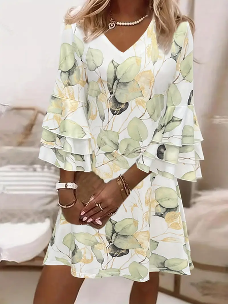 

Women Floral Half Sleeve Summer Printing Dress V Neck Daily Casual Maxi H-Line Dress, White, Casual Dresses