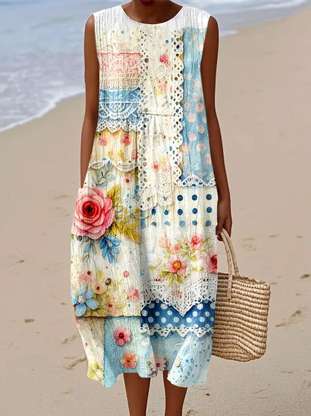 

Women Floral Sleeveless Summer Printing Dress Crew Neck Daily Casual Maxi Tank H-Line Dress, Blue, Casual Dresses