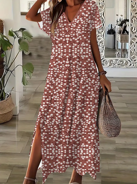 

Women Floral Short Sleeve Summer Printing Dress V Neck Daily Casual Maxi X-Line Dress, Dusty pink, Casual Dresses