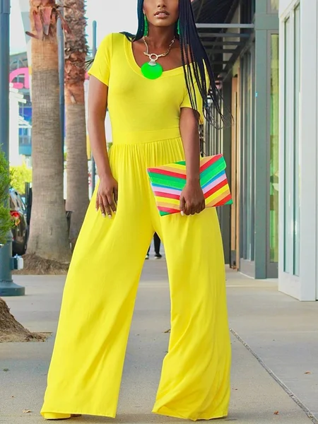 

Casual Ruched Plain V Neck T-Shirt Jumpsuit, Yellow, Jumpsuits