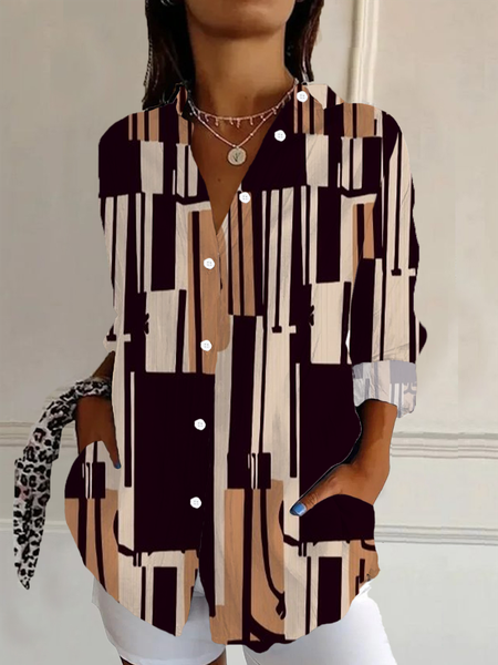 

Women Geometric Long Sleeve Shirt Spring/Fall Buckle Shirt Collar Daily Casual Top, Brown, Shirts