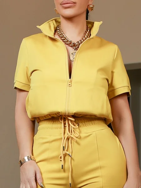

Casual Plain Zipper Shawl Collar Shirt, Yellow, Blouses and Shirts