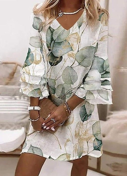 

Women Floral Half Sleeve Summer Printing Dress V Neck Daily Casual Maxi H-Line Dress, White, Casual Dresses