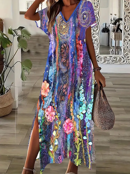

Women Floral Short Sleeve Summer Printing Dress V Neck Daily Casual Maxi X-Line Dress, Purple, Casual Dresses