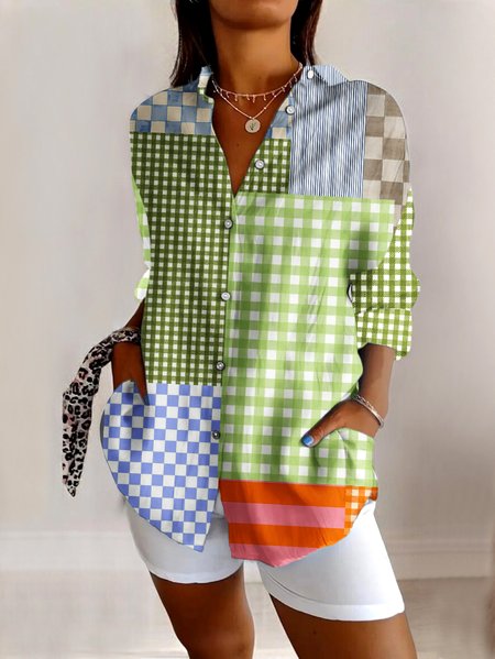 

V Neck Long Sleeve Geometric Regular Micro-Elasticity Regular Fit Shirt For Women, Green, Shirts