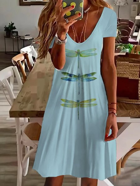 

Women's Dragonfly Spring Print Casual V-Neck Short Sleeve Dress, Blue, Maxi Dresses