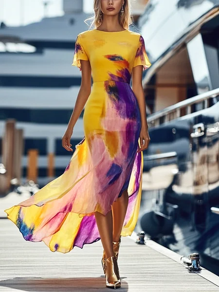 

Vacation Random Print Printing Crew Neck Maxi Dress, As picture, Maxi Dresses