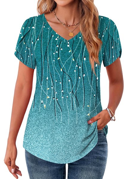 

Casual Geometric V Neck Short Sleeve T-shirt, Lake blue, Shirts