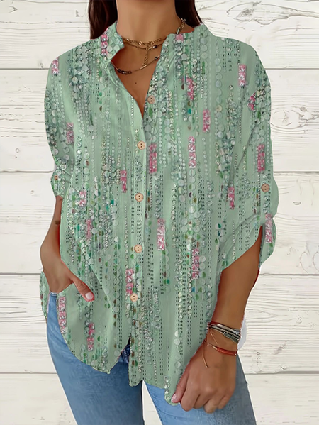 

Women Abstract Long Sleeve Shirt Spring/Fall Printing Stand Collar Daily Casual Top, Green, Shirts